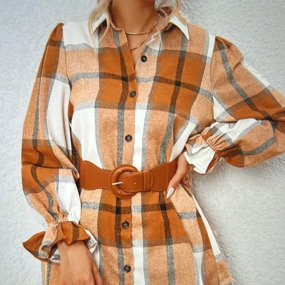 Last one ❣️
Khaki plaid pattern collared neck shirt dress - Picture 5 of 9